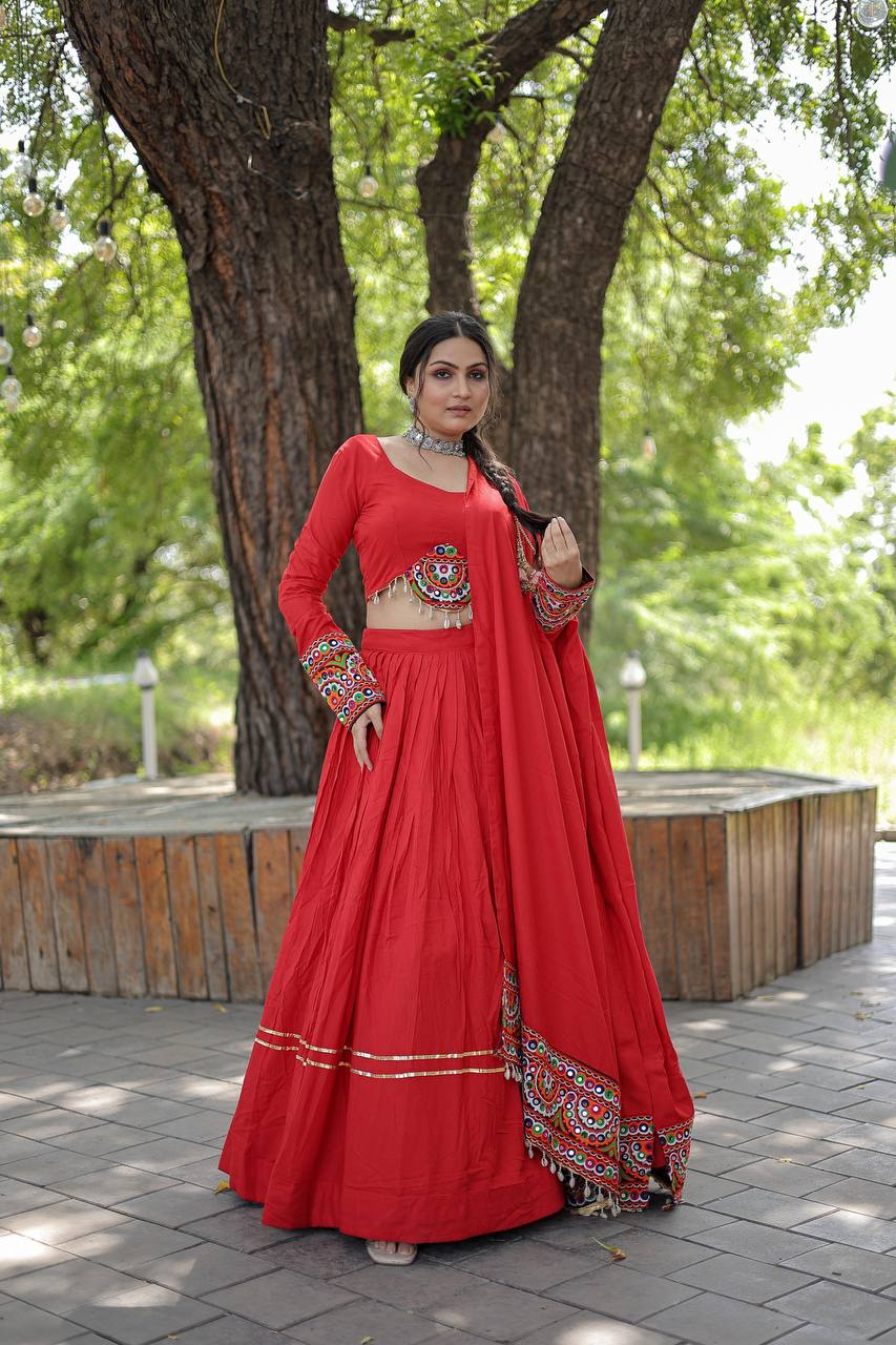 Lorenvalley Red Rayon with Real Mirror Embroidered Kutchi Thread work with codi Lehenga Choli