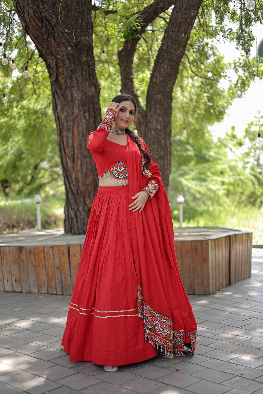 Lorenvalley Red Rayon with Real Mirror Embroidered Kutchi Thread work with codi Lehenga Choli
