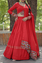 Lorenvalley Red Rayon with Real Mirror Embroidered Kutchi Thread work with codi Lehenga Choli