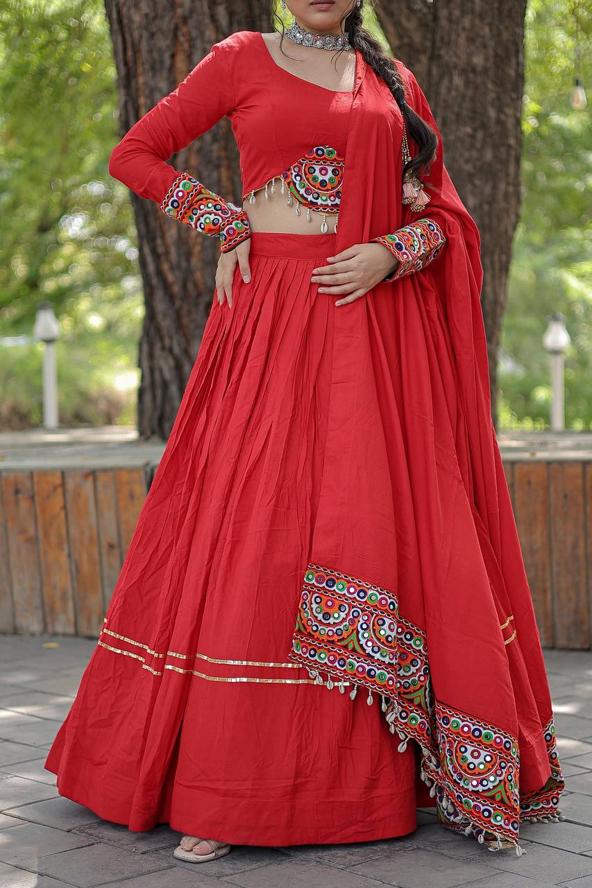 Lorenvalley Red Rayon with Real Mirror Embroidered Kutchi Thread work with codi Lehenga Choli
