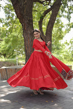 Lorenvalley Red Rayon with Real Mirror Embroidered Kutchi Thread work with codi Lehenga Choli