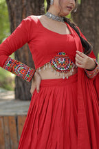 Lorenvalley Red Rayon with Real Mirror Embroidered Kutchi Thread work with codi Lehenga Choli