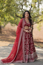 Lorenvalley Maroon Pure Viscose Jacquard with Embroidered Sequins work Lehenga Choli