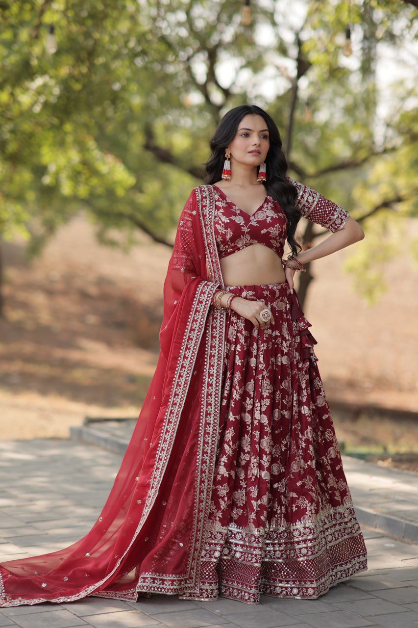Lorenvalley Maroon Pure Viscose Jacquard with Embroidered Sequins work Lehenga Choli