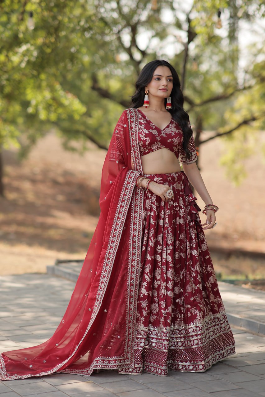 Lorenvalley Maroon Pure Viscose Jacquard with Embroidered Sequins work Lehenga Choli
