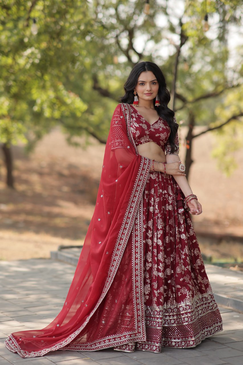Lorenvalley Maroon Pure Viscose Jacquard with Embroidered Sequins work Lehenga Choli