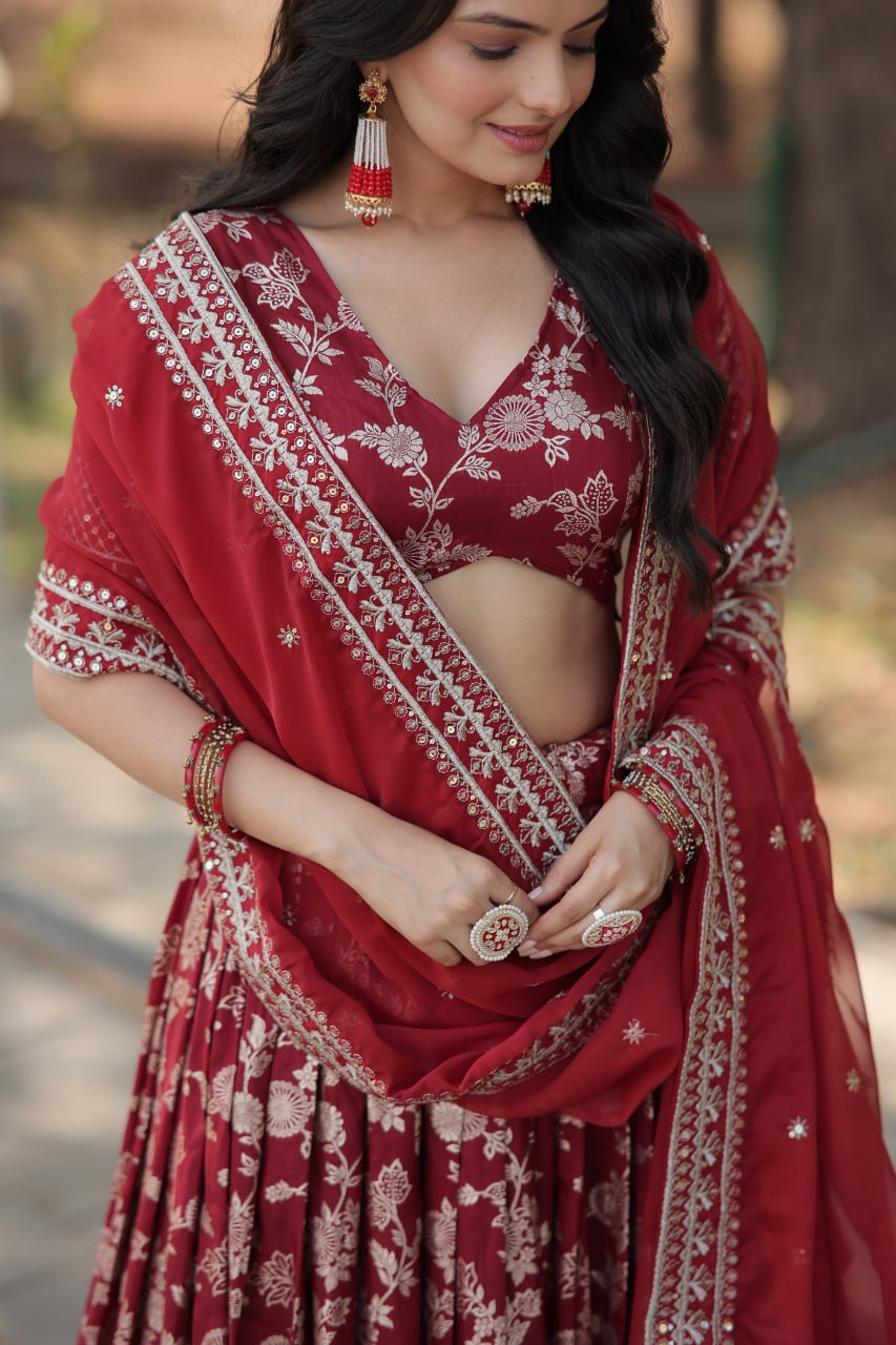 Lorenvalley Maroon Pure Viscose Jacquard with Embroidered Sequins work Lehenga Choli
