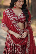 Lorenvalley Maroon Pure Viscose Jacquard with Embroidered Sequins work Lehenga Choli