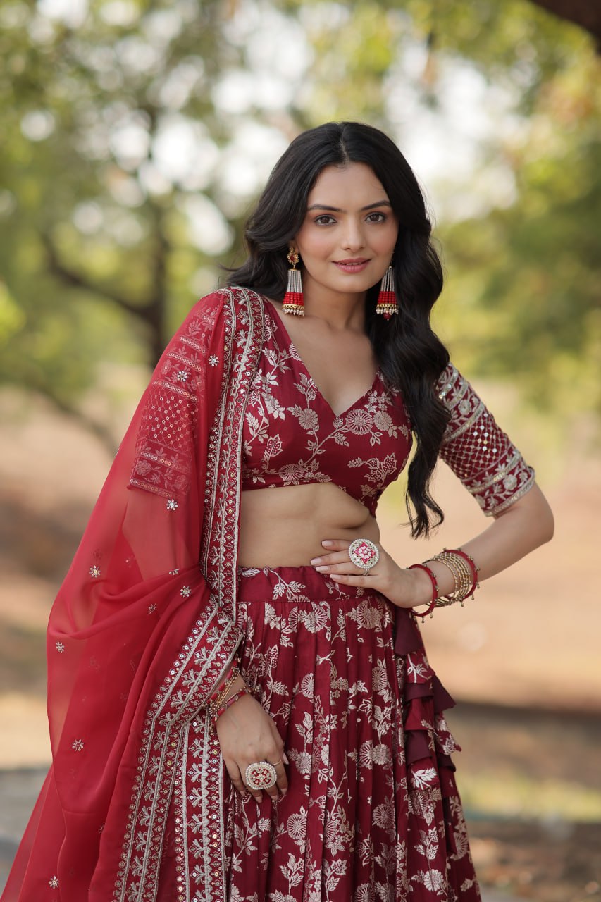 Lorenvalley Maroon Pure Viscose Jacquard with Embroidered Sequins work Lehenga Choli