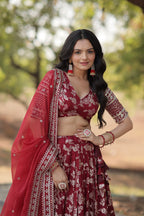 Lorenvalley Maroon Pure Viscose Jacquard with Embroidered Sequins work Lehenga Choli