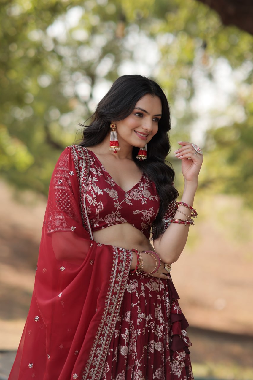 Lorenvalley Maroon Pure Viscose Jacquard with Embroidered Sequins work Lehenga Choli