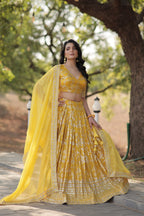 Lorenvalley Yellow Pure Viscose Jacquard with Embroidered Sequins work Lehenga Choli
