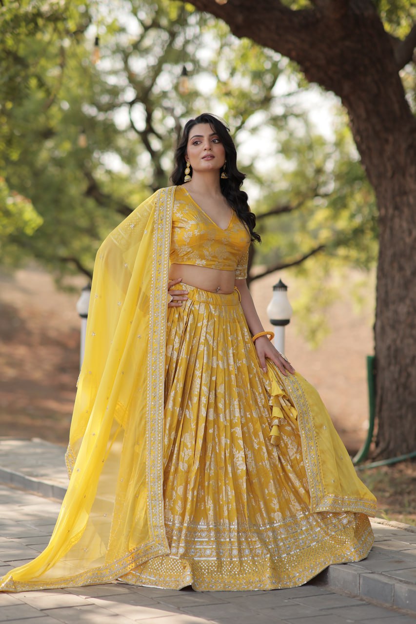 Lorenvalley Yellow Pure Viscose Jacquard with Embroidered Sequins work Lehenga Choli