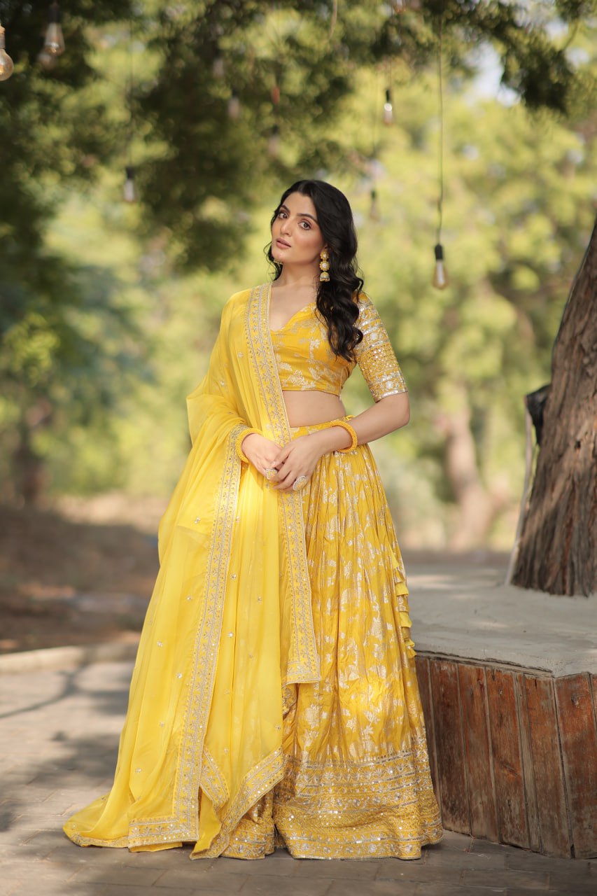 Lorenvalley Yellow Pure Viscose Jacquard with Embroidered Sequins work Lehenga Choli