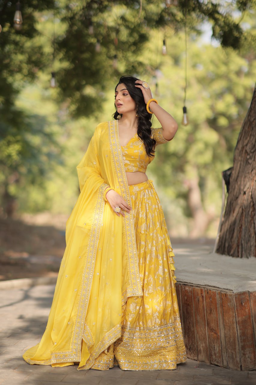 Lorenvalley Yellow Pure Viscose Jacquard with Embroidered Sequins work Lehenga Choli