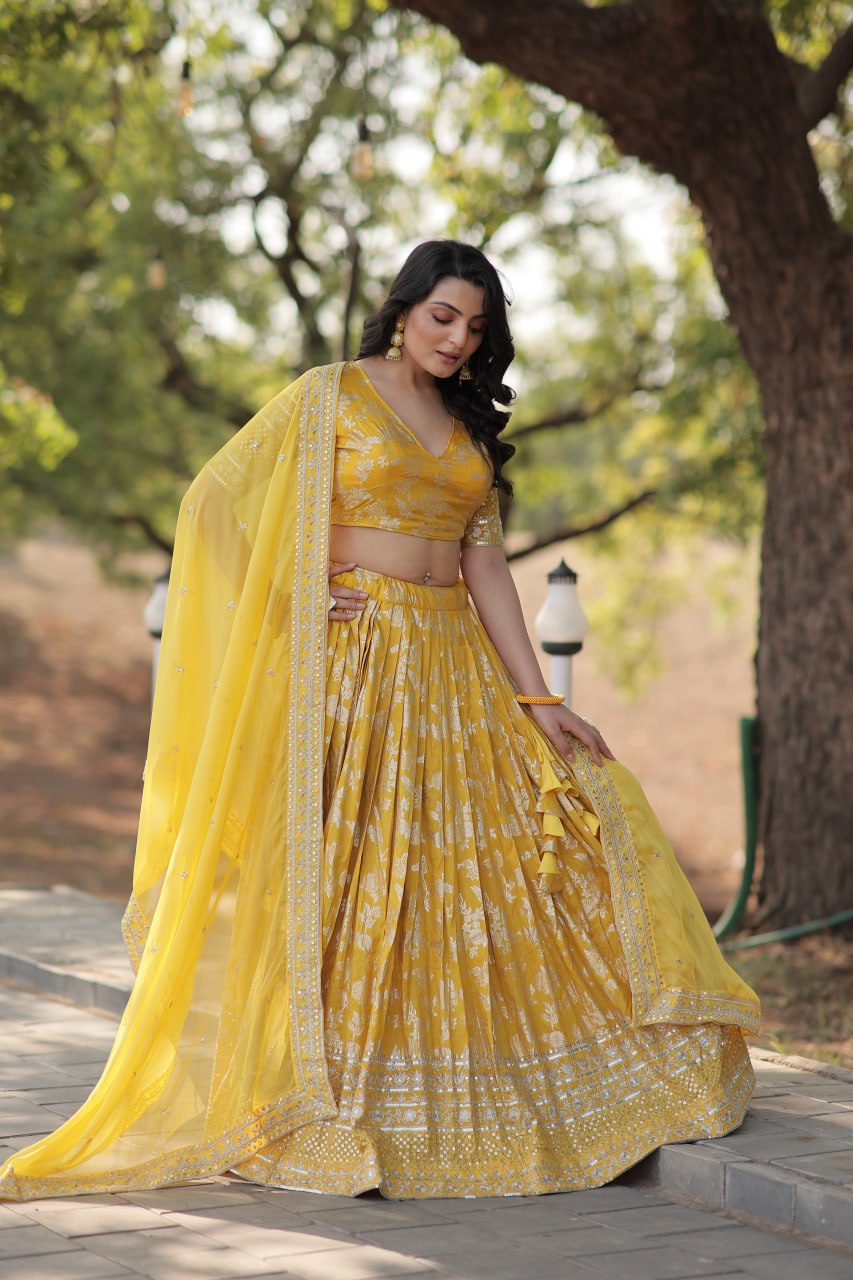 Lorenvalley Yellow Pure Viscose Jacquard with Embroidered Sequins work Lehenga Choli