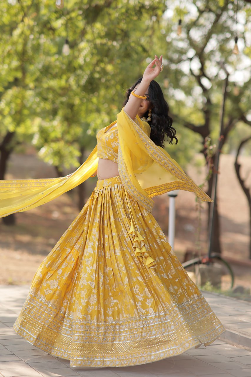 Lorenvalley Yellow Pure Viscose Jacquard with Embroidered Sequins work Lehenga Choli