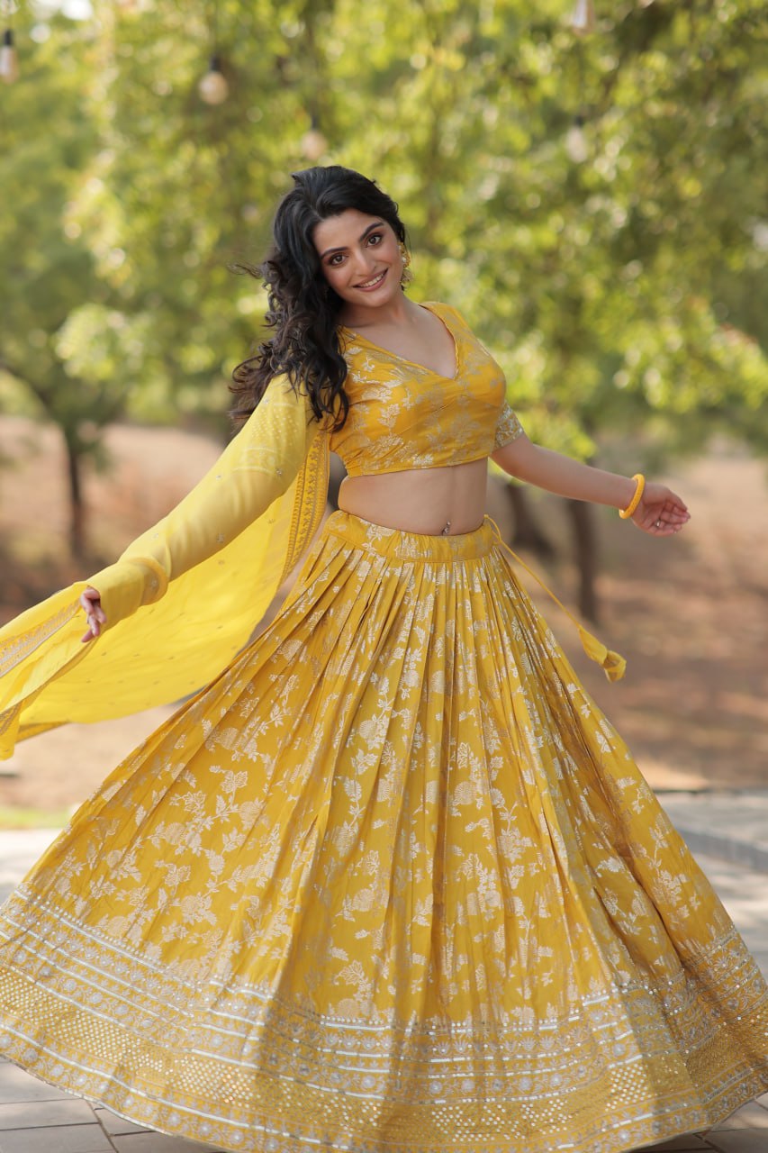Lorenvalley Yellow Pure Viscose Jacquard with Embroidered Sequins work Lehenga Choli