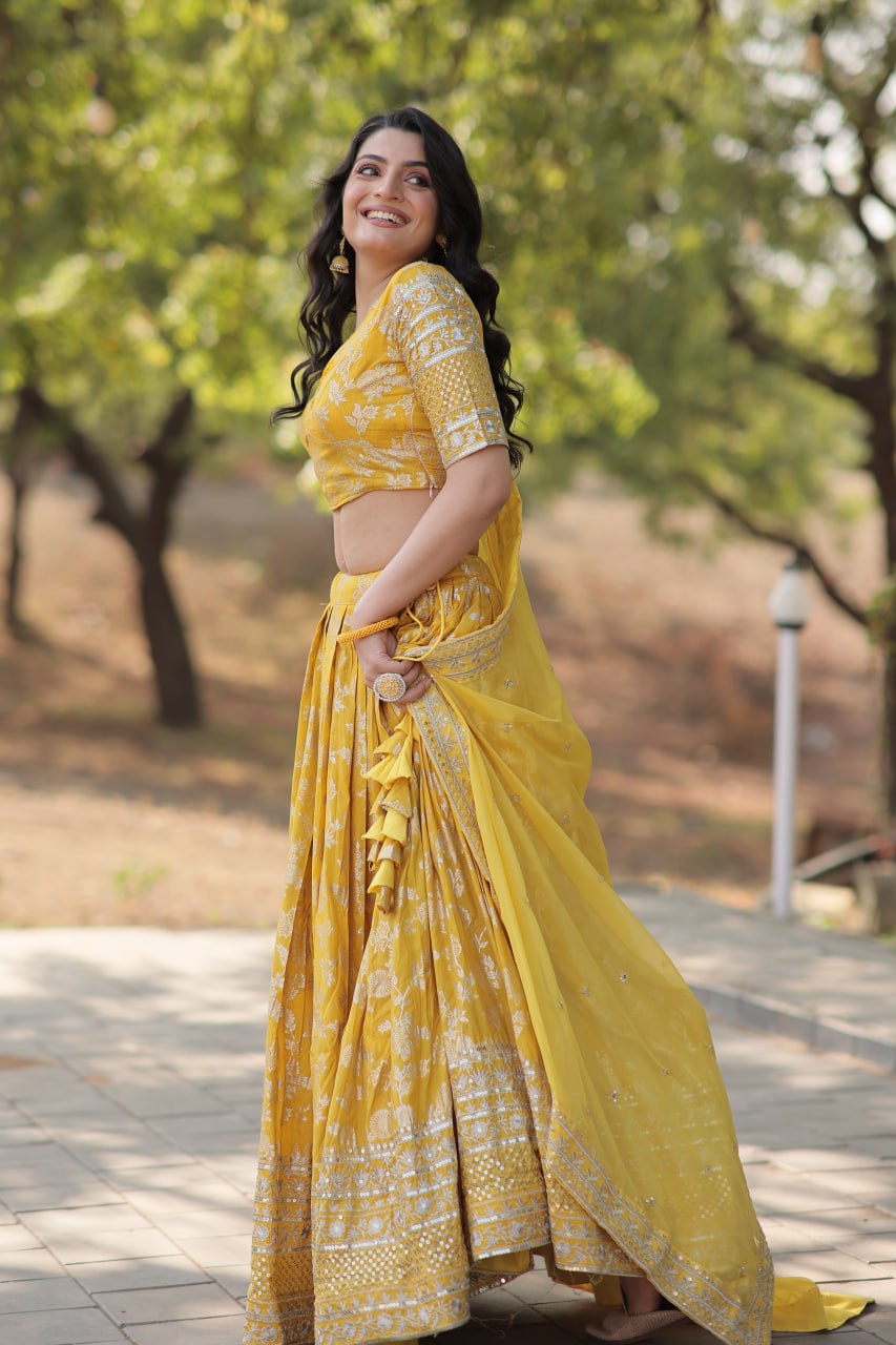 Lorenvalley Yellow Pure Viscose Jacquard with Embroidered Sequins work Lehenga Choli