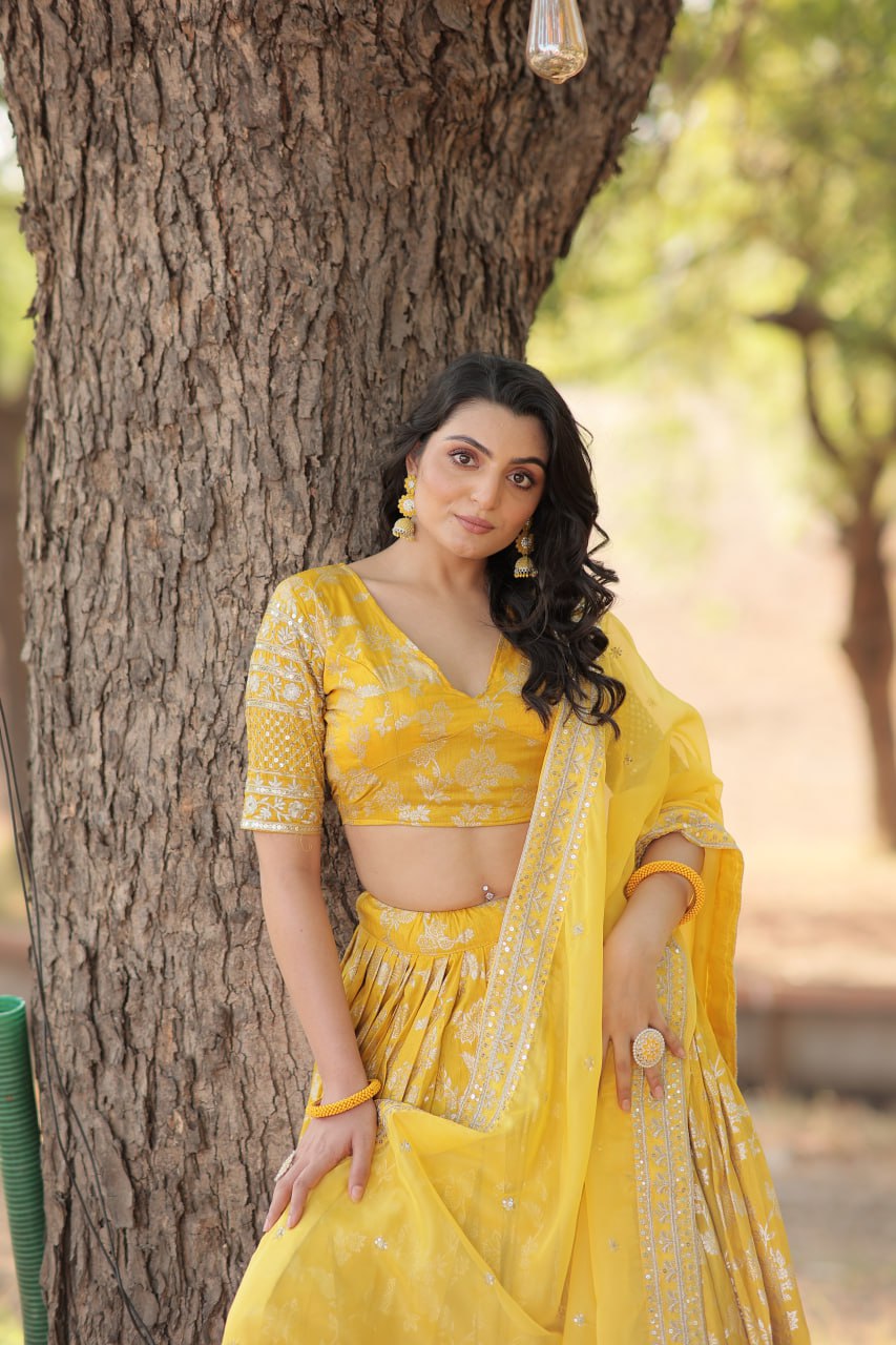 Lorenvalley Yellow Pure Viscose Jacquard with Embroidered Sequins work Lehenga Choli