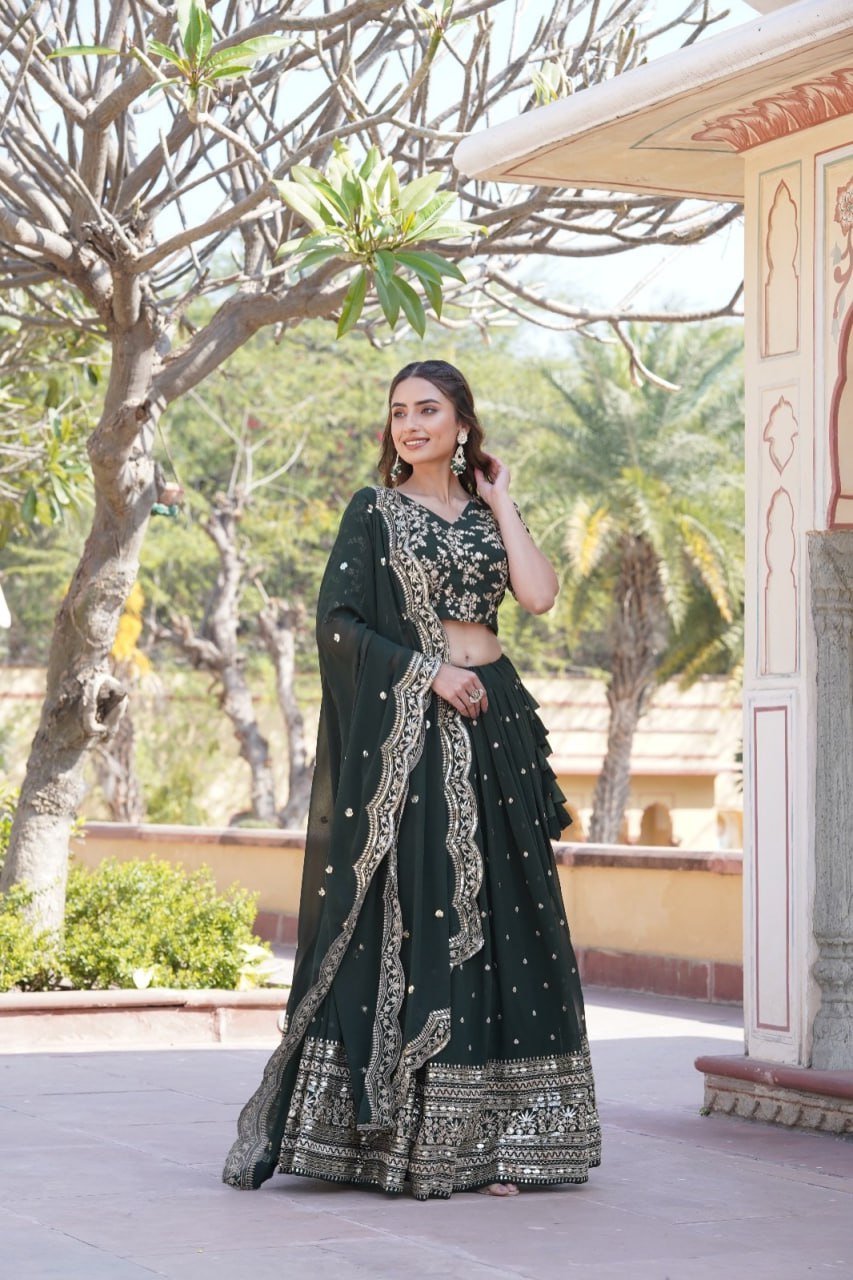 Lorenvalley Green Faux Blooming Georgette with Sequins Embroidered work Lehenga Choli