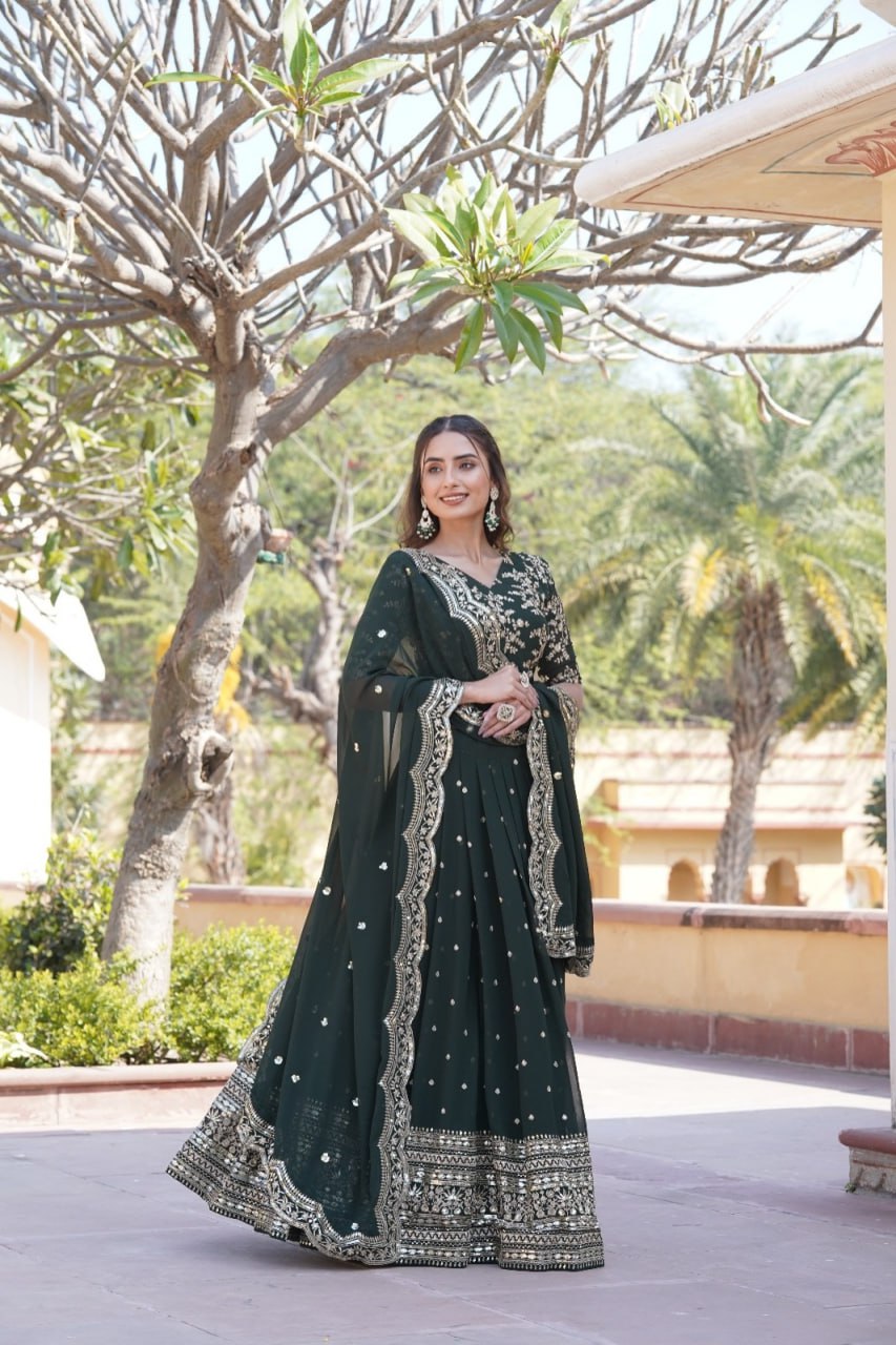 Lorenvalley Green Faux Blooming Georgette with Sequins Embroidered work Lehenga Choli