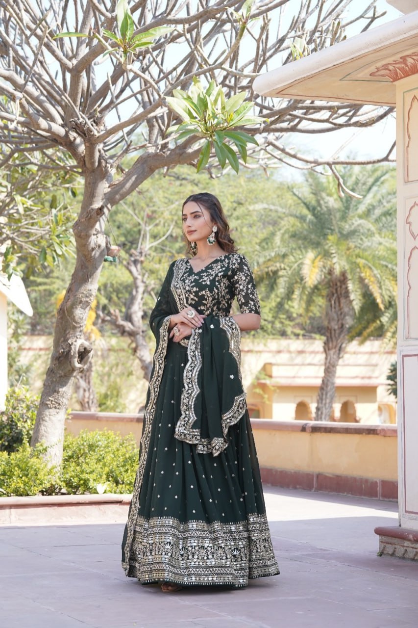 Lorenvalley Green Faux Blooming Georgette with Sequins Embroidered work Lehenga Choli