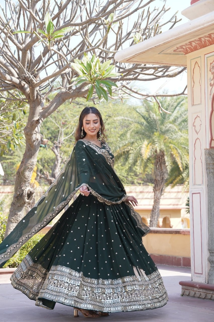 Lorenvalley Green Faux Blooming Georgette with Sequins Embroidered work Lehenga Choli