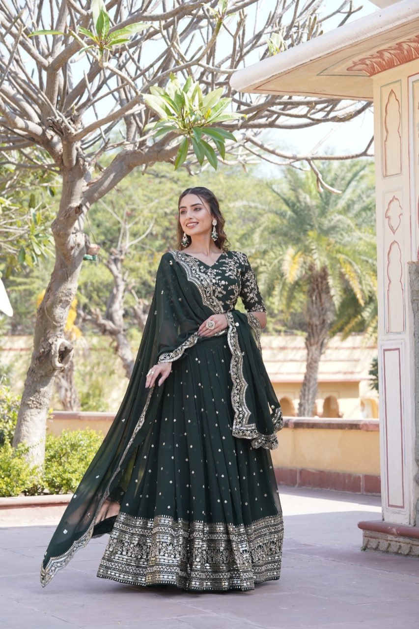 Lorenvalley Green Faux Blooming Georgette with Sequins Embroidered work Lehenga Choli