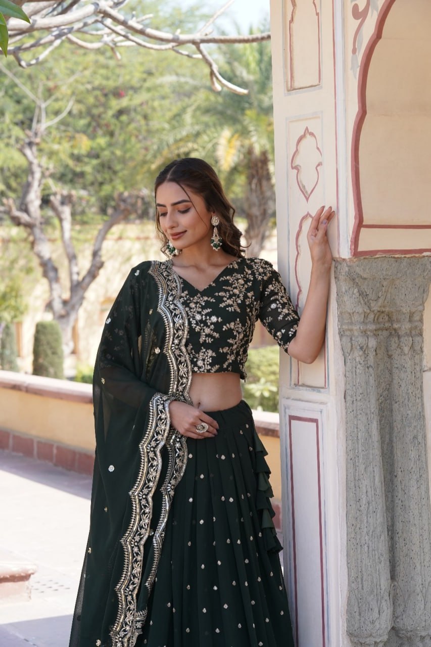 Lorenvalley Green Faux Blooming Georgette with Sequins Embroidered work Lehenga Choli