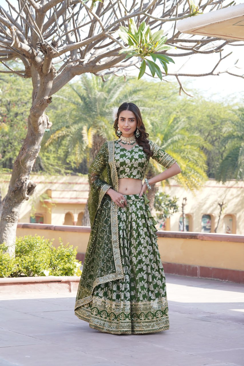 Lorenvalley Green Pure Viscose Jacquard with Embroidered Sequins work Lehenga Choli