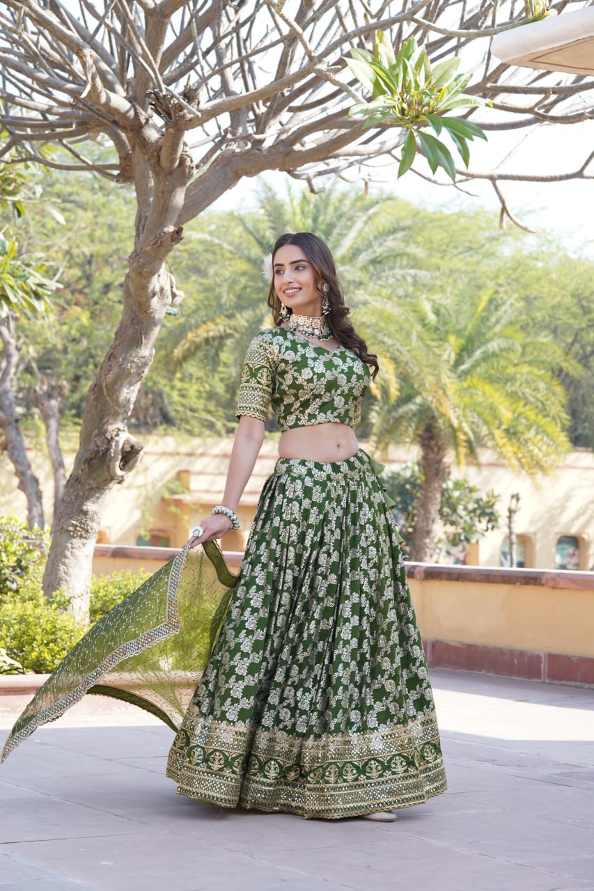 Lorenvalley Green Pure Viscose Jacquard with Embroidered Sequins work Lehenga Choli
