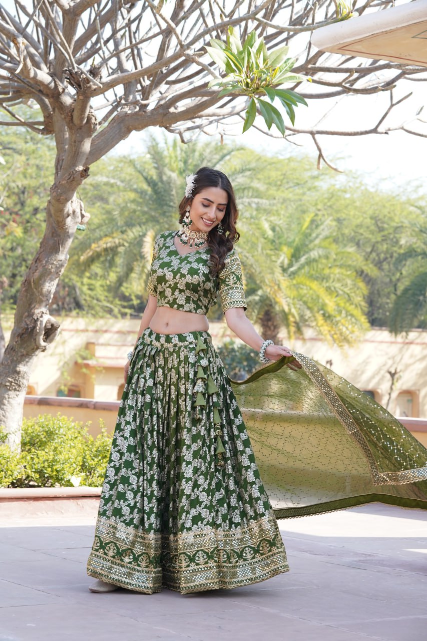Lorenvalley Green Pure Viscose Jacquard with Embroidered Sequins work Lehenga Choli