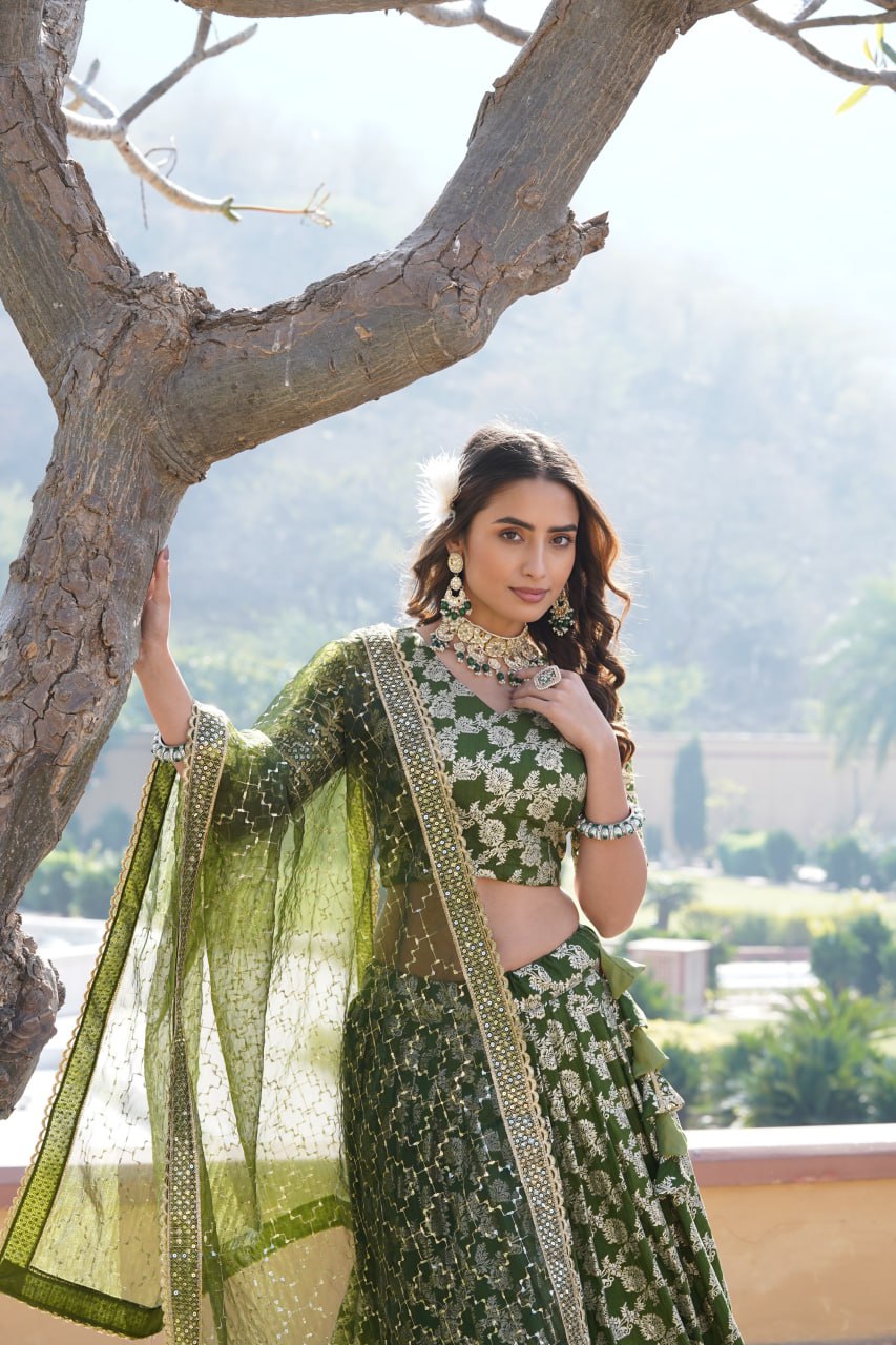 Lorenvalley Green Pure Viscose Jacquard with Embroidered Sequins work Lehenga Choli