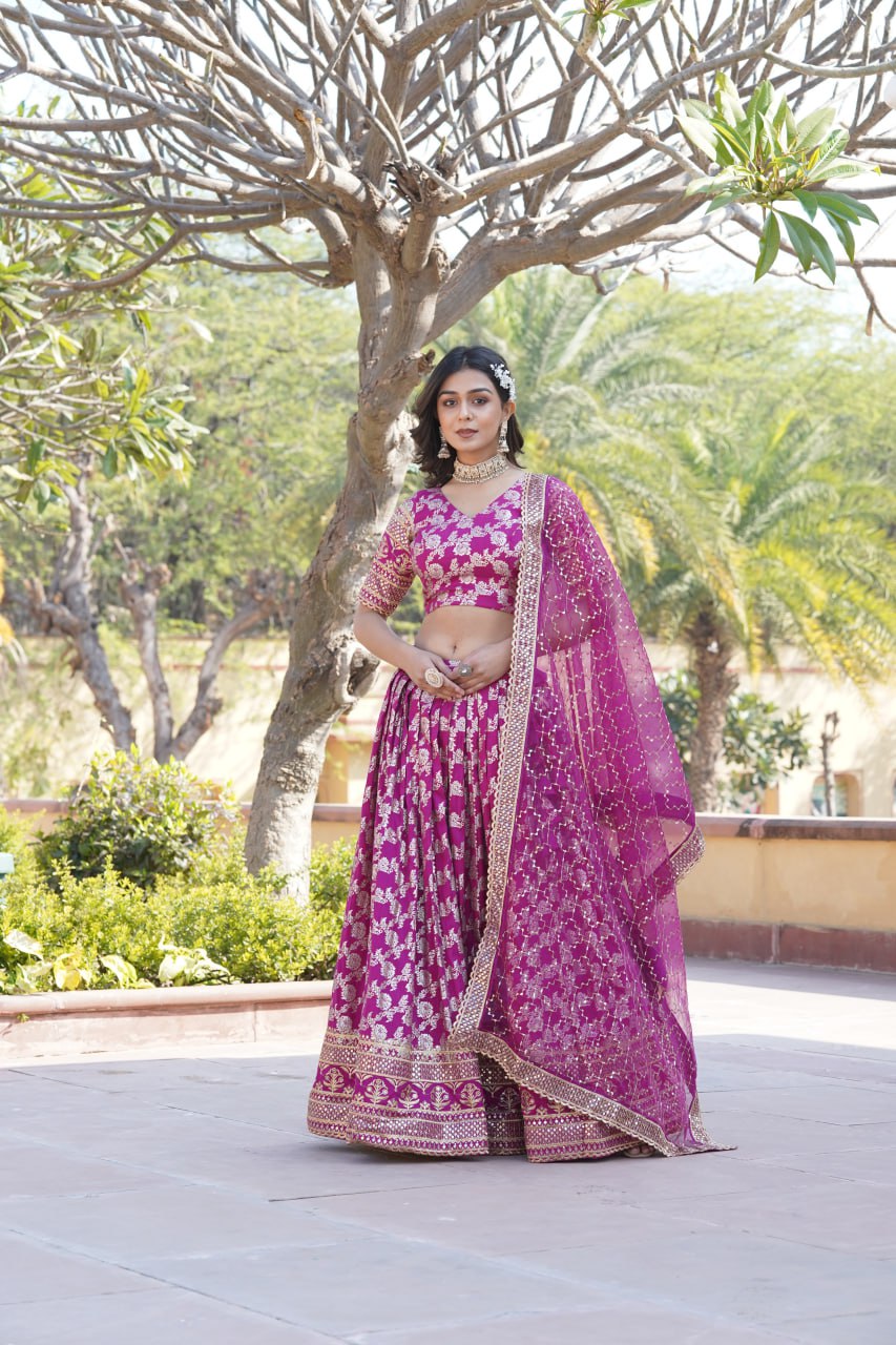 Lorenvalley Magenta Pure Viscose Jacquard with Embroidered Sequins work Lehenga Choli