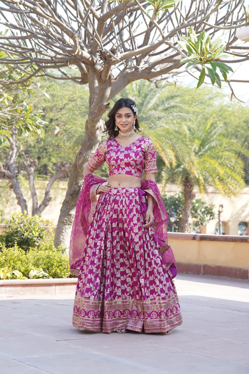 Lorenvalley Magenta Pure Viscose Jacquard with Embroidered Sequins work Lehenga Choli