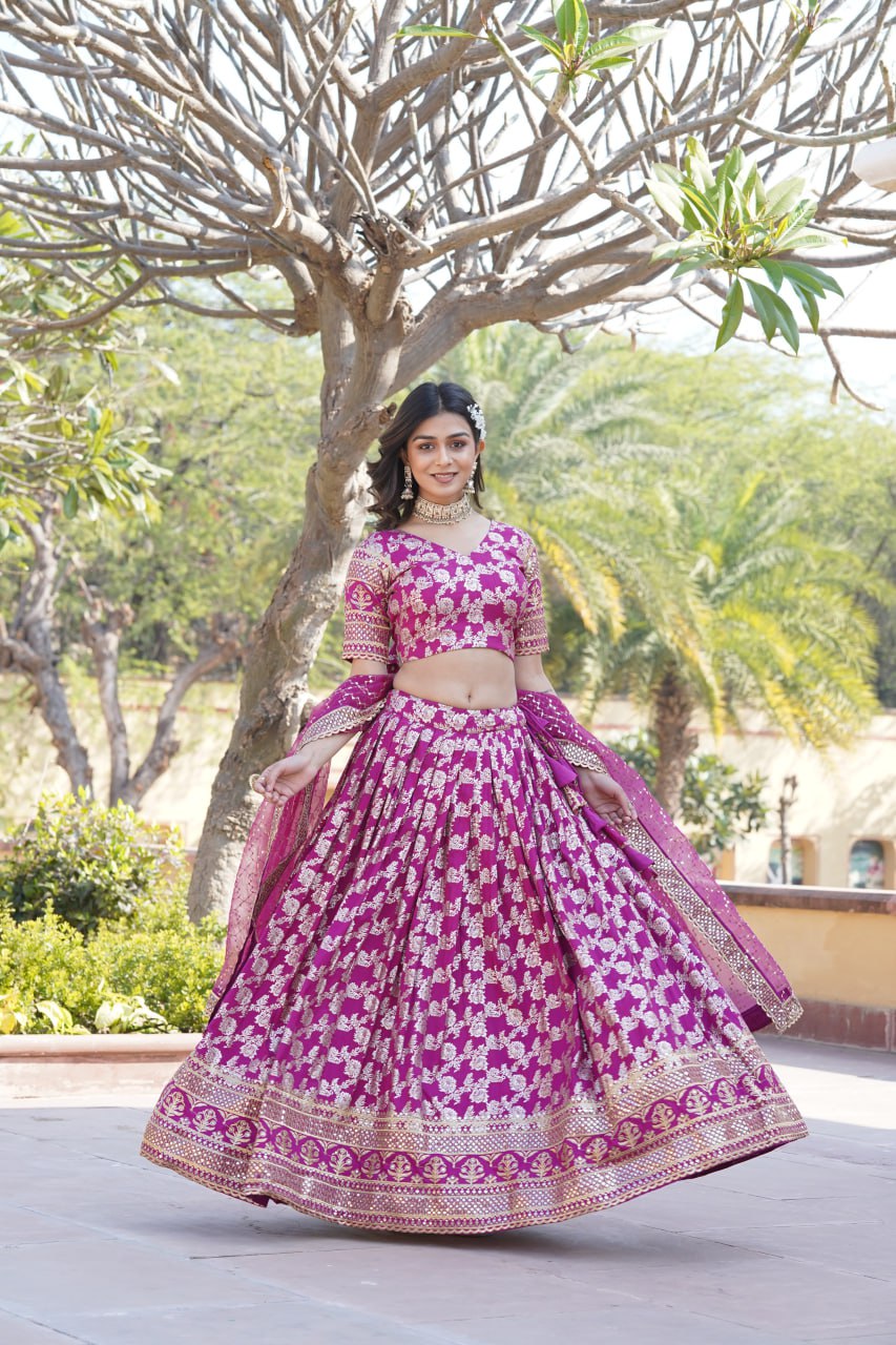 Lorenvalley Magenta Pure Viscose Jacquard with Embroidered Sequins work Lehenga Choli