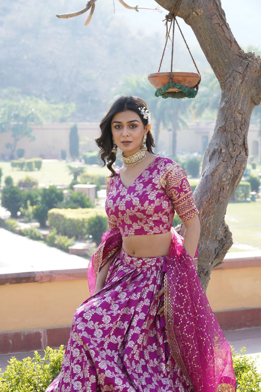 Lorenvalley Magenta Pure Viscose Jacquard with Embroidered Sequins work Lehenga Choli
