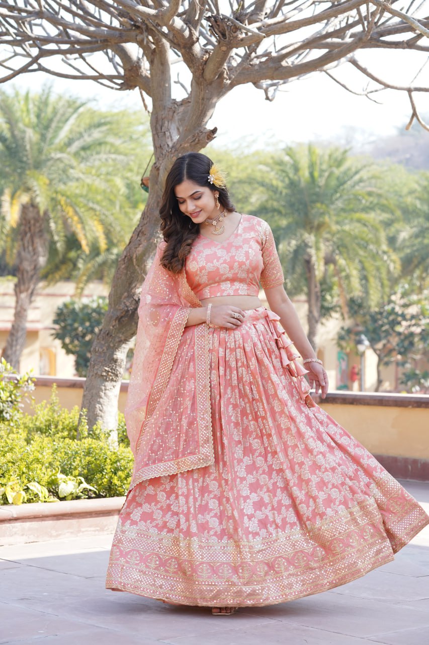 Lorenvalley Peach Pure Viscose Jacquard with Embroidered Sequins work Lehenga Choli