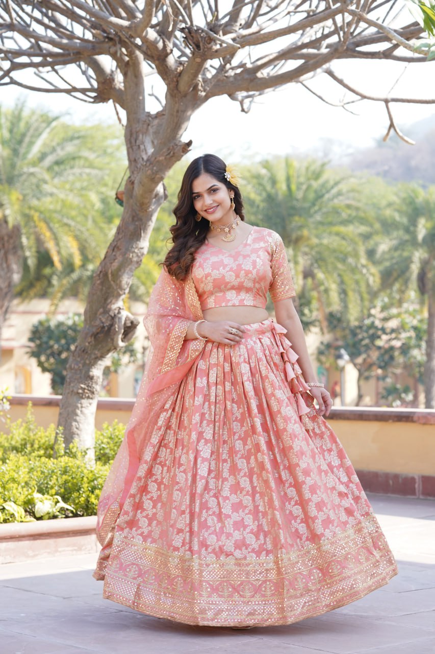 Lorenvalley Peach Pure Viscose Jacquard with Embroidered Sequins work Lehenga Choli