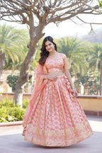 Lorenvalley Peach Pure Viscose Jacquard with Embroidered Sequins work Lehenga Choli