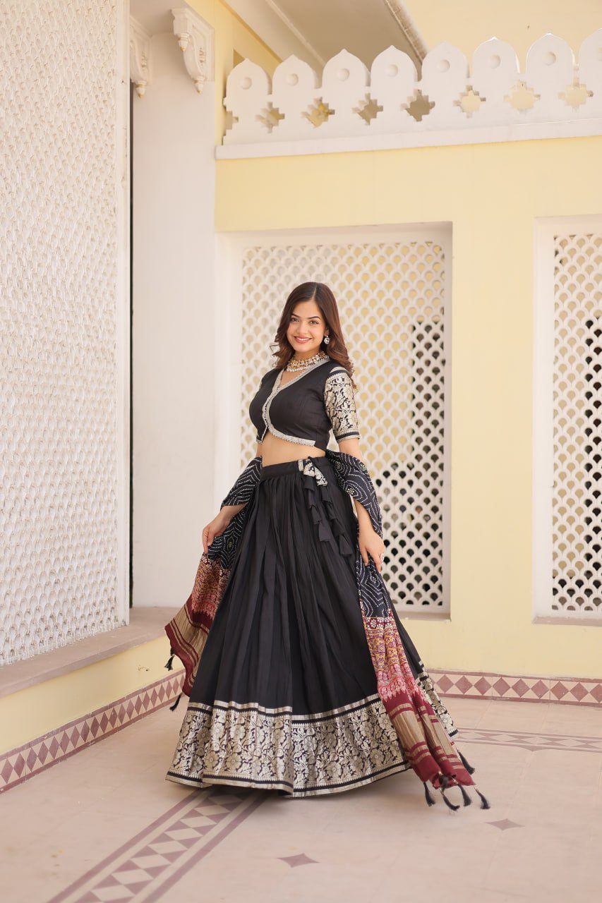 Lorenvalley Black Viscose Jacquard Lehenga Choli with Gajji silk Dupatta