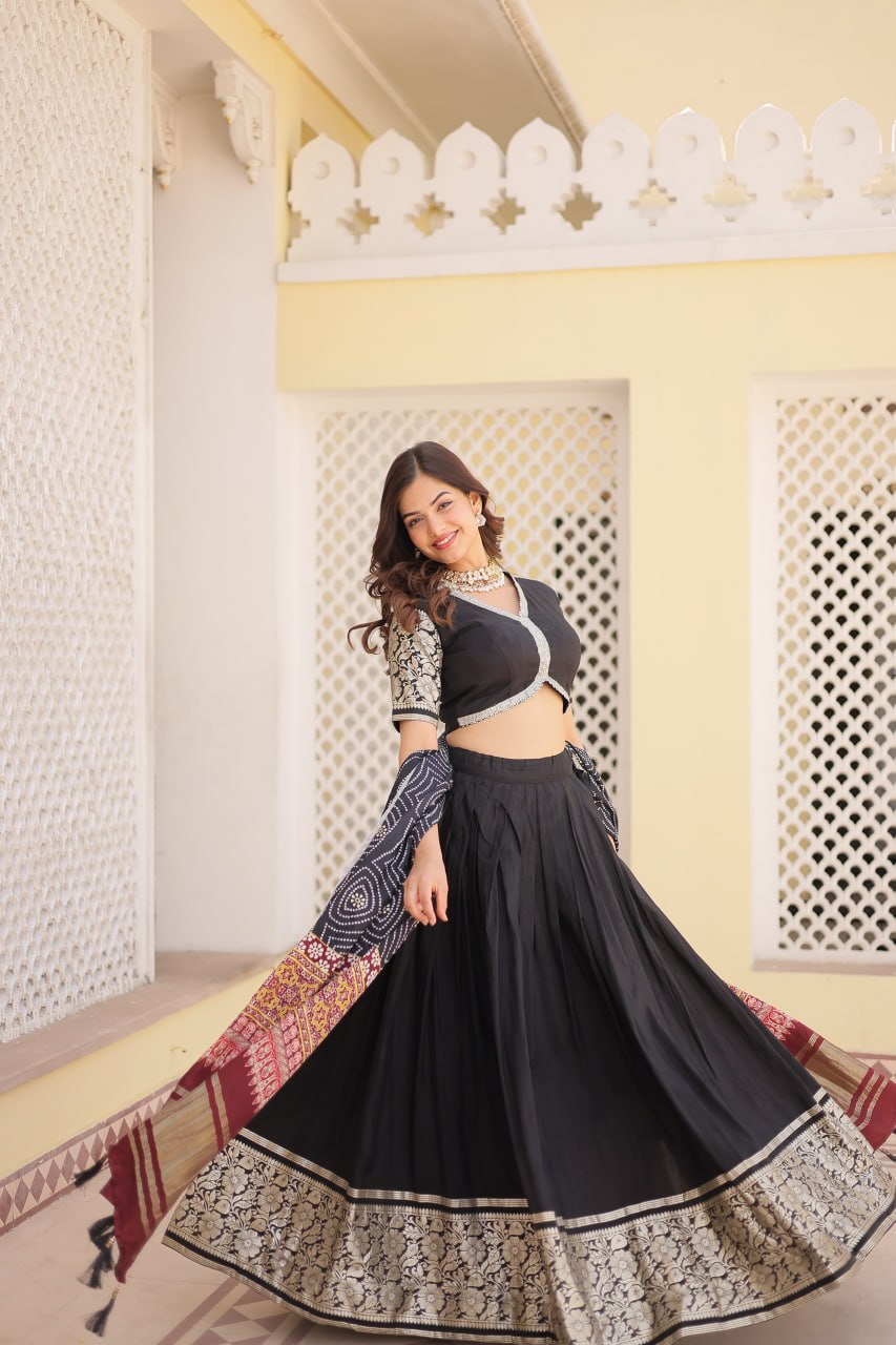Lorenvalley Black Viscose Jacquard Lehenga Choli with Gajji silk Dupatta