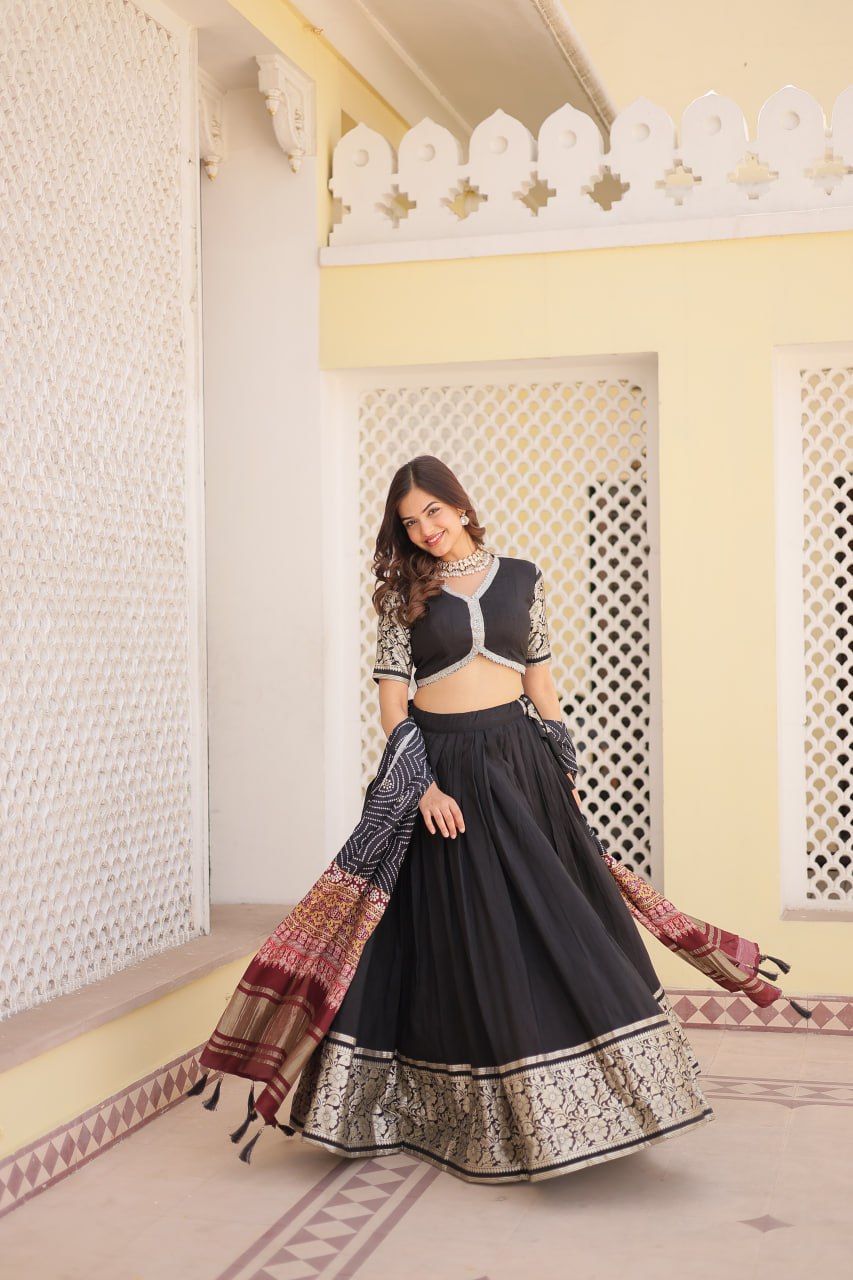 Lorenvalley Black Viscose Jacquard Lehenga Choli with Gajji silk Dupatta