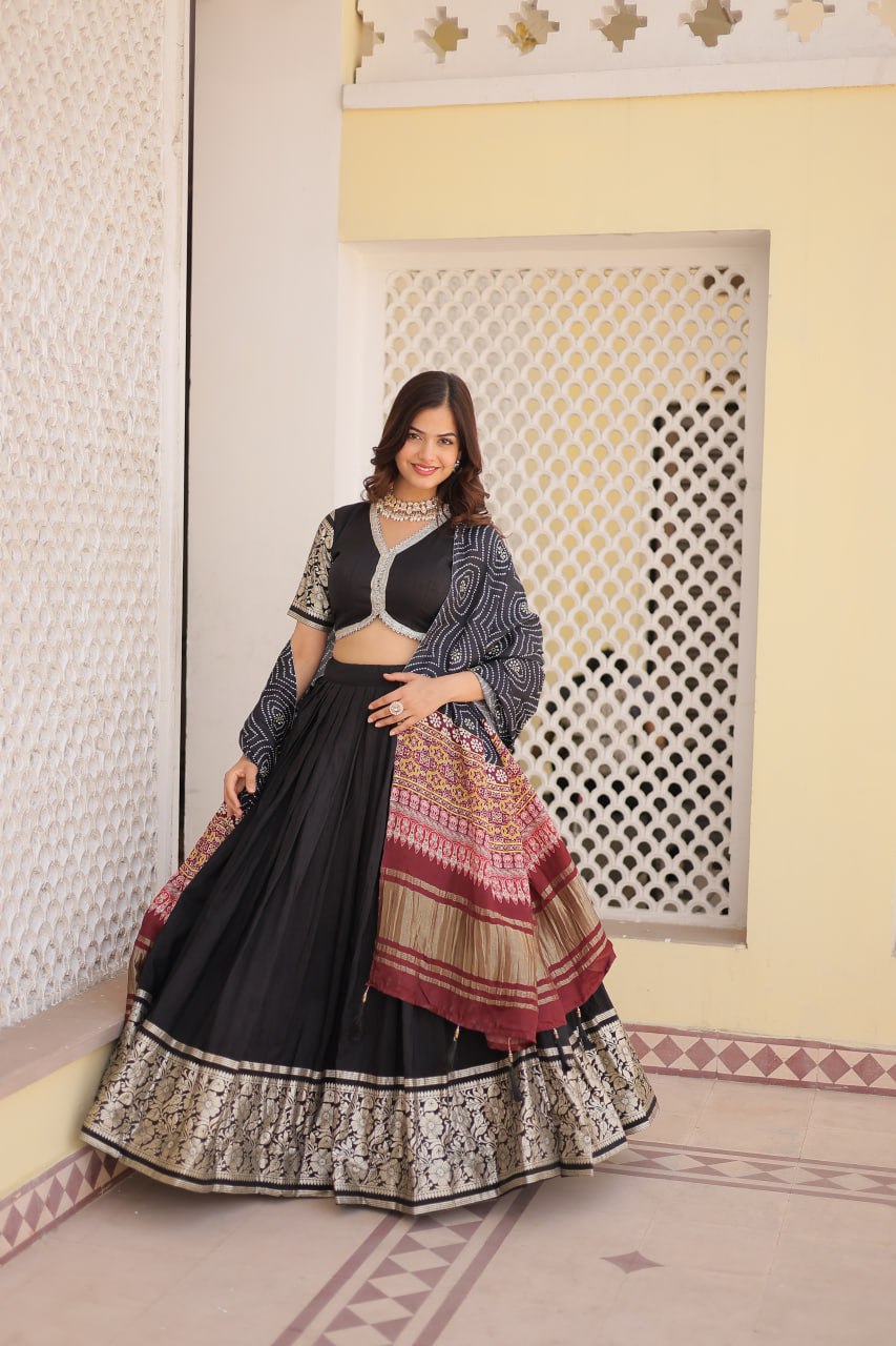 Lorenvalley Black Viscose Jacquard Lehenga Choli with Gajji silk Dupatta
