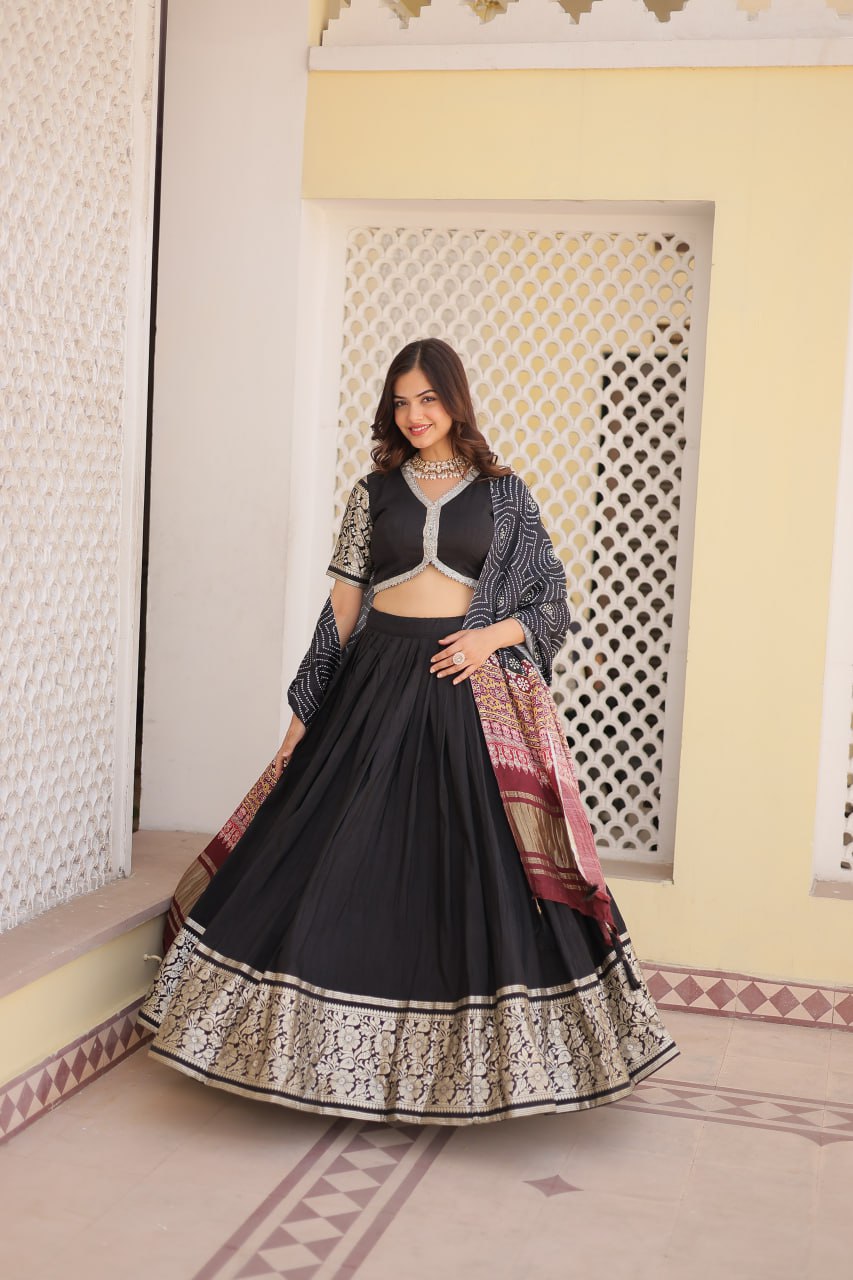 Lorenvalley Black Viscose Jacquard Lehenga Choli with Gajji silk Dupatta