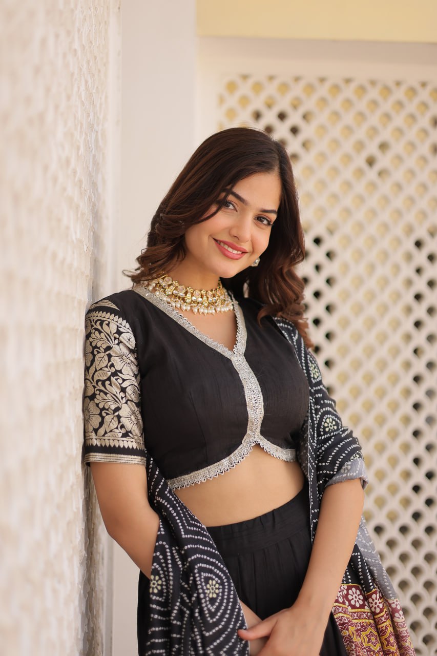 Lorenvalley Black Viscose Jacquard Lehenga Choli with Gajji silk Dupatta
