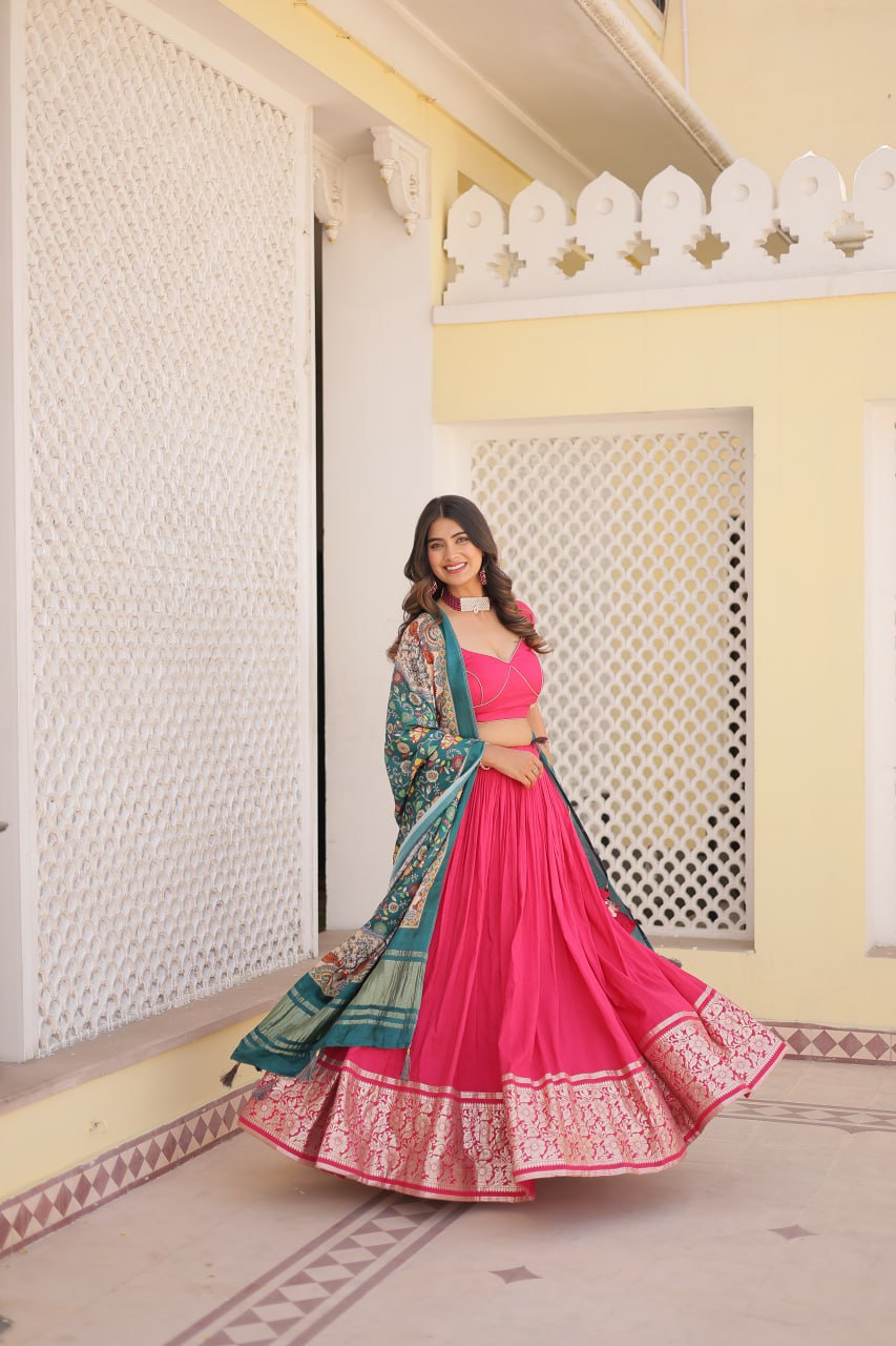 Lorenvalley Pink Viscose Jacquard Lehenga Choli with Gajji silk Dupatta