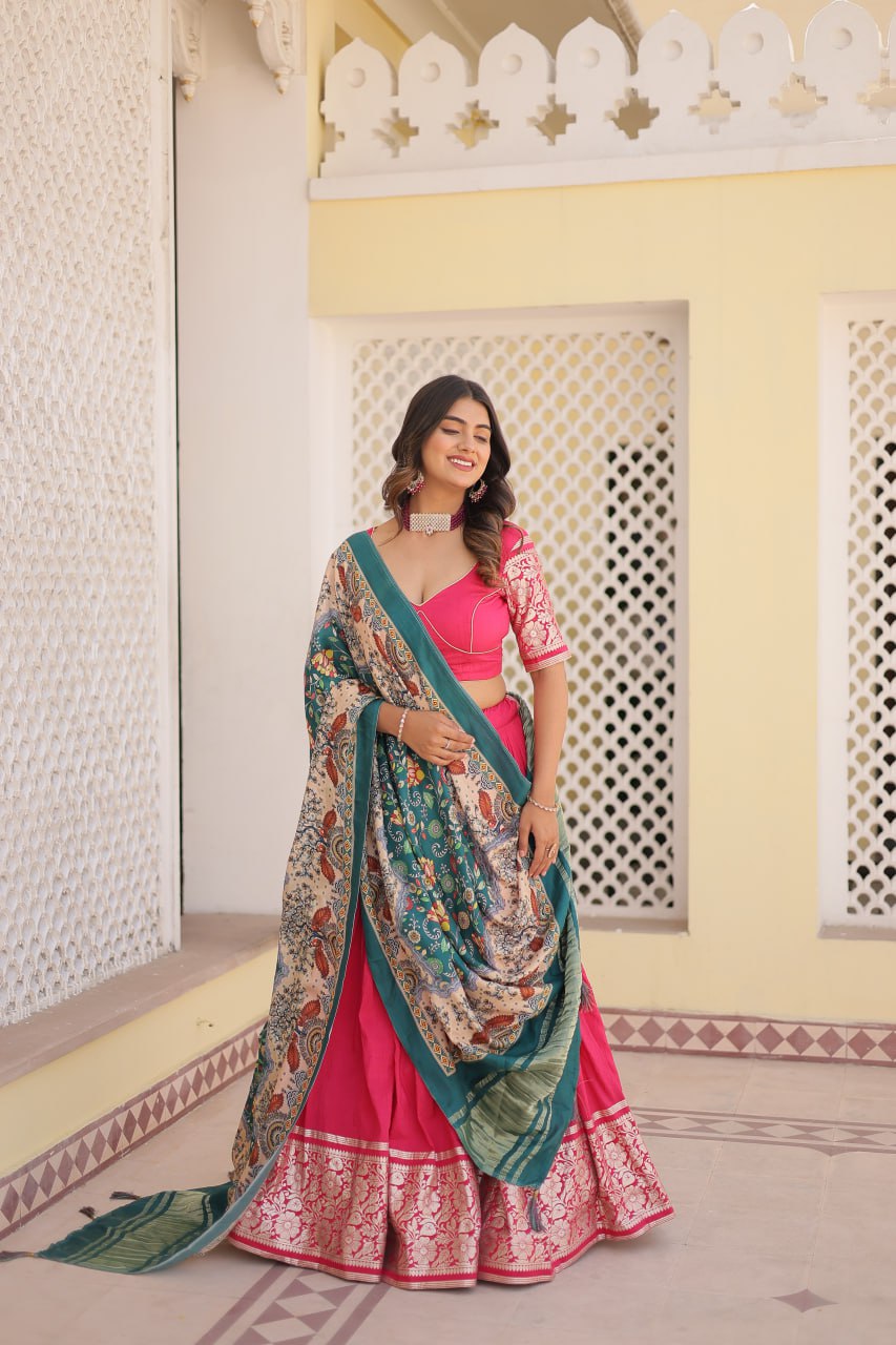 Lorenvalley Pink Viscose Jacquard Lehenga Choli with Gajji silk Dupatta