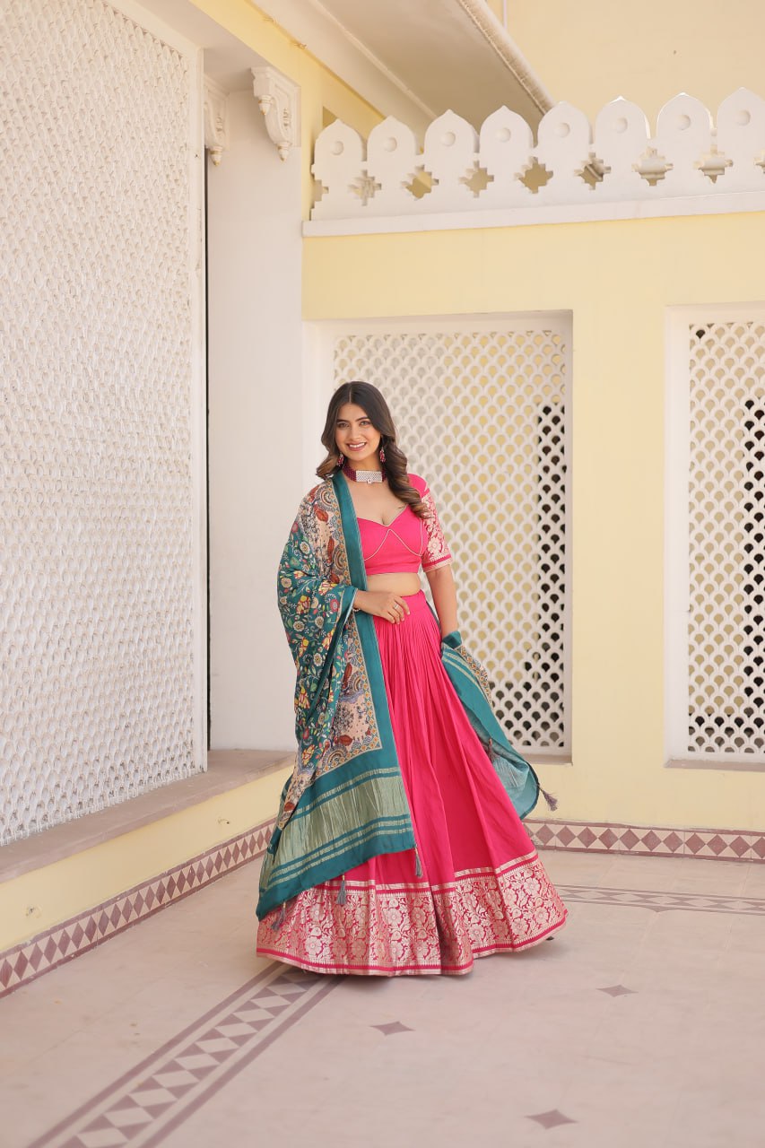 Lorenvalley Pink Viscose Jacquard Lehenga Choli with Gajji silk Dupatta